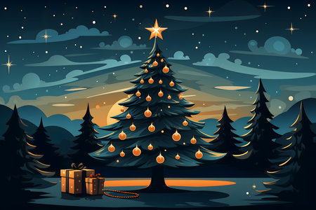 Christmas tree and gifts in the forest at night. Vector illustration.の素材