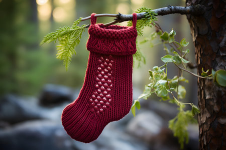 A pair of knitted socks hanging on a branch in the forestの素材