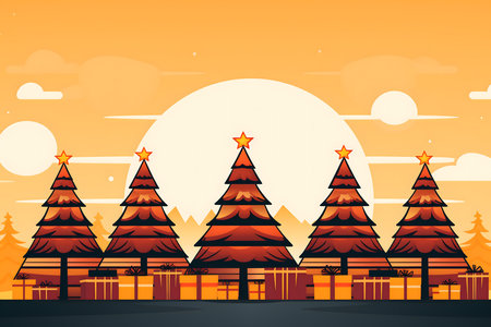 Pine tree forest at sunset. Vector illustration for your design.の素材