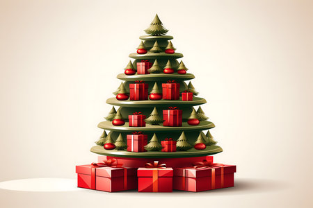 Christmas tree with gift boxes and red ribbons. Vector illustration.の素材