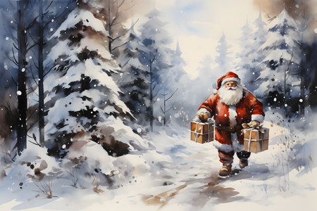 Digital painting of Santa Claus carrying a gift box in the winter forest.の素材