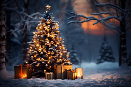 Christmas tree with gifts in winter forest at night. Christmas background.の素材