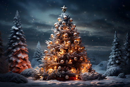 Christmas tree in snowy forest. Christmas and New Year concept. 3D Renderingの素材