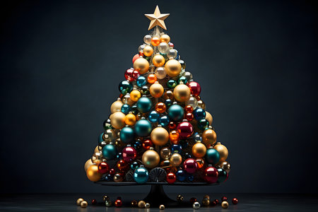 Christmas tree with colorful baubles and star on dark background.の素材