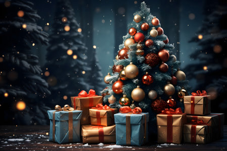 Christmas tree and gifts on wooden table in snowy forest. 3D renderingの素材