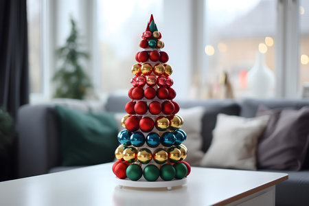 Christmas tree made of colorful baubles on table in living roomの素材