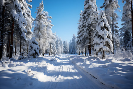 Beautiful winter landscape with snow covered pine trees and road in the forestの素材