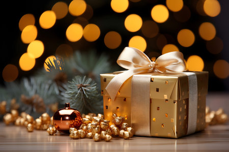 Golden gift box with christmas decoration on bokeh background.の素材
