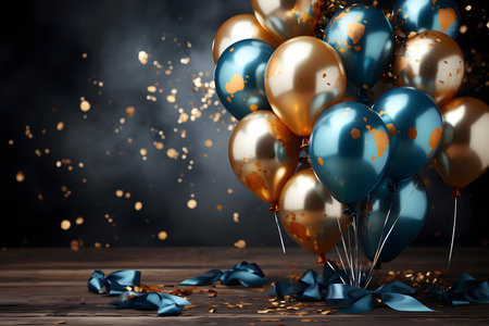 Celebration concept with golden and blue balloons and confetti. 3D Renderingの素材