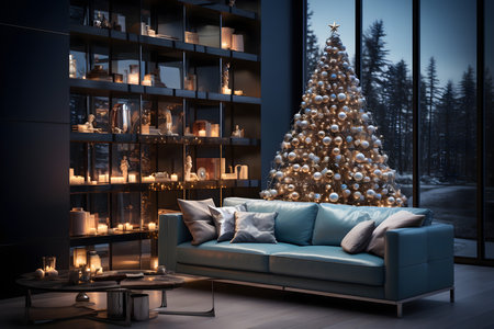 Christmas tree and blue sofa in modern living room interior. 3D renderingの素材