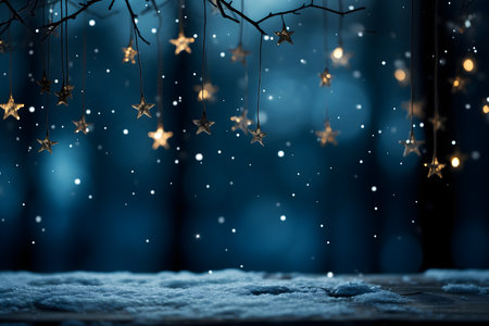 Christmas background with decorations on wooden board, bokeh lights and snowの素材