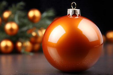 Christmas bauble on a wooden table with Christmas tree in the backgroundの素材