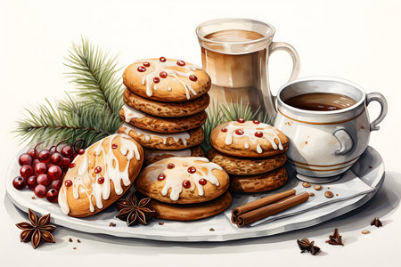 Christmas cookies and cup of coffee on a white background. Vector illustration.の素材
