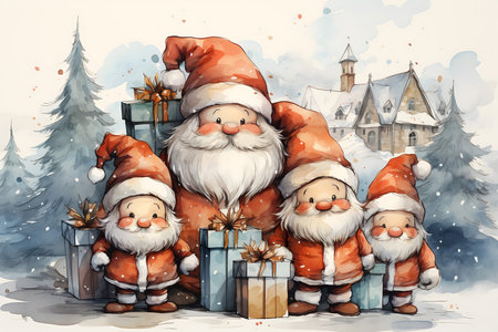 Cartoon Santa Claus with presents in the village. Hand drawn illustrationの素材