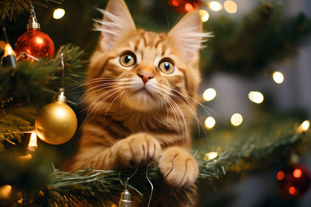 Cute ginger cat on the background of a Christmas tree with toysの素材