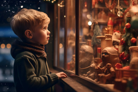 Cute little boy looking at Christmas decorations in shop window at Christmas marketの素材
