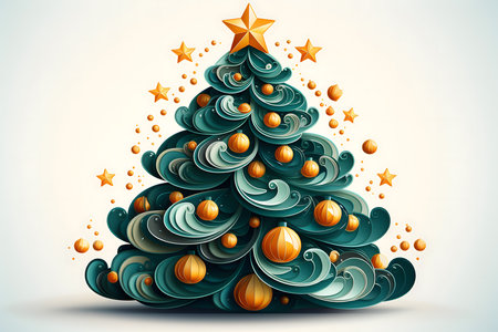Abstract christmas tree with golden stars and balls. Vector illustration.の素材
