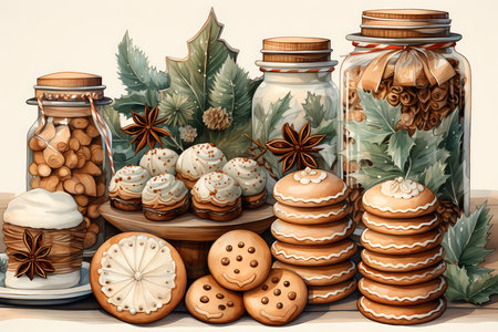 Christmas cookies in a glass jar on a wooden table. Vector illustration.の素材