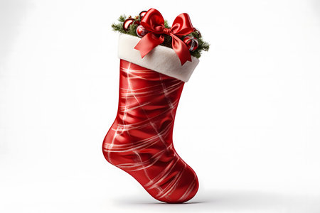 christmas stocking with red ribbons on white background, 3d illustrationの素材
