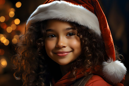 Portrait of a beautiful young girl in santa claus hatの素材