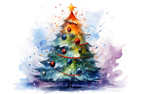 Christmas tree on watercolor background. Watercolor painting. Vector illustration.の素材