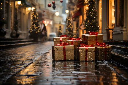 Christmas and New Year holidays background. Christmas tree with gifts on the street at night.の素材