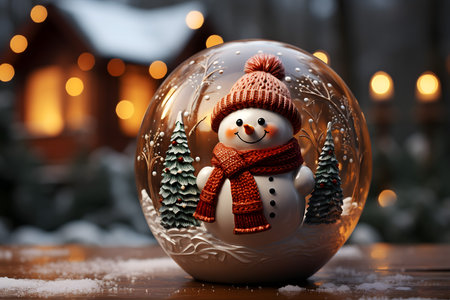 Snowman in christmas ball on wooden table against blurred lights backgroundの素材