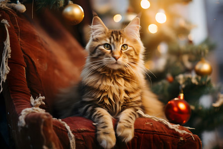 Cute siberian cat on the background of the Christmas treeの素材