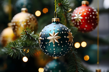 Christmas tree decoration with baubles and lights on background, closeupの素材