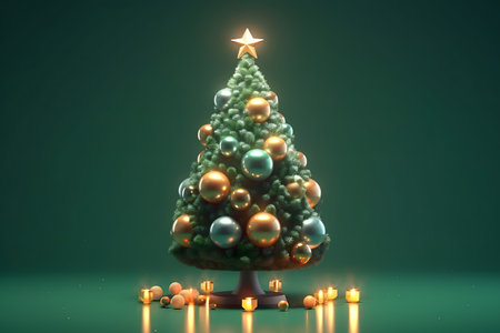 Christmas tree with balls and candles on green background. 3d illustrationの素材