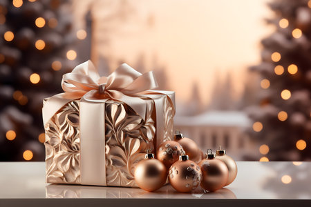 Christmas gift box with golden bow and baubles on blurred backgroundの素材