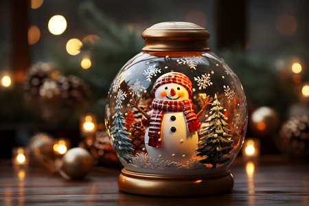 Christmas snowman in a snow globe on the background of Christmas decorationsの素材