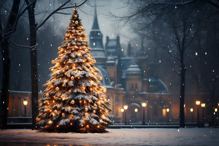 Christmas tree on the background of the night city. Beautiful winter landscape.の素材