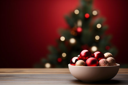Christmas decoration in bowl on wooden table over red background with copy spaceの素材