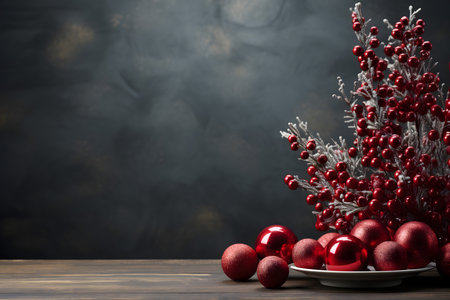 Christmas decoration with red baubles on wooden table over dark backgroundの素材