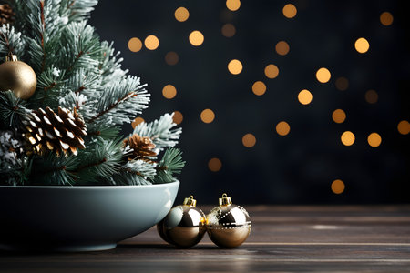 Christmas decoration with fir branches on wooden table against bokeh lightsの素材