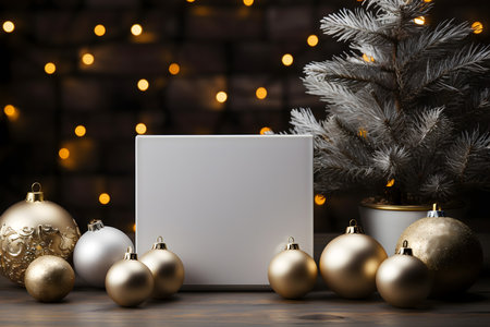 Christmas greeting card mockup with golden baubles and fir tree on wooden table. 3d renderingの素材
