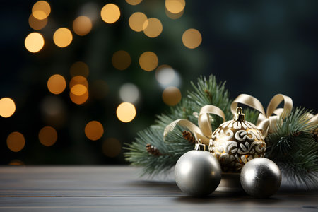 Christmas decoration on bokeh background. Copy space for text.の素材