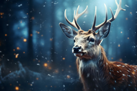 Funny deer in winter forest with falling snow. 3d renderingの素材