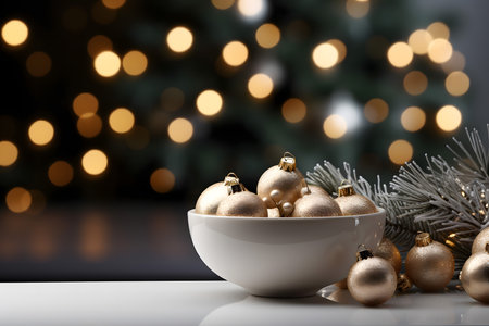 Christmas baubles in bowl on table against blurred lights, closeupの素材
