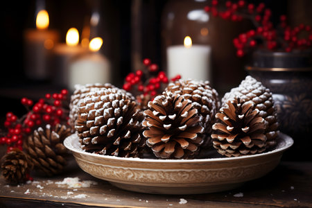 Christmas still life with pine cones and candles. Selective focus.の素材