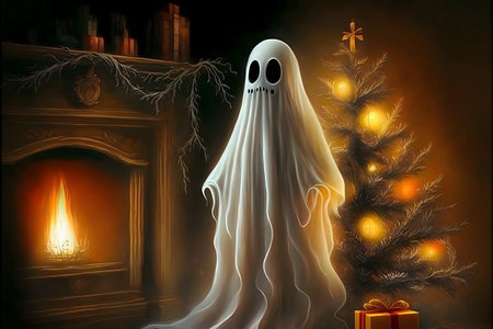 Halloween background with spooky ghost, fireplace and christmas treeの素材