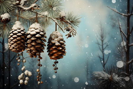 Christmas background with fir branches covered with snow and pine cones in winter forestの素材