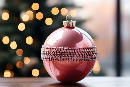 Christmas bauble on table in front of defocused christmas treeの素材
