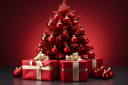 Christmas tree with red baubles and gift boxes. 3D renderingの素材