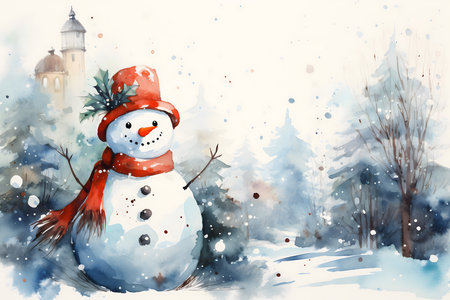 Watercolor illustration of a snowman in the winter forest. Christmas card.の素材