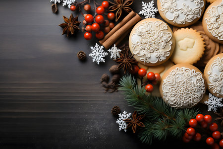 Christmas cookies and spices on dark wooden background. Top view with copy spaceの素材