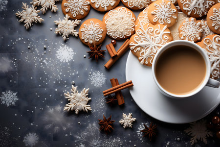 Cup of coffee with christmas cookies and snowflakes on dark backgroundの素材