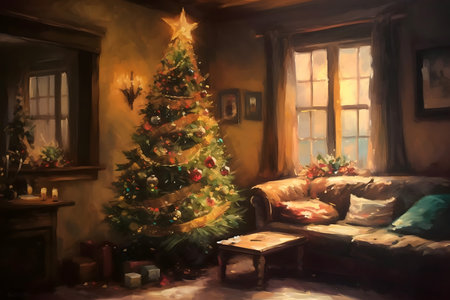Christmas living room with a beautiful Christmas tree and presents. Digital painting.の素材