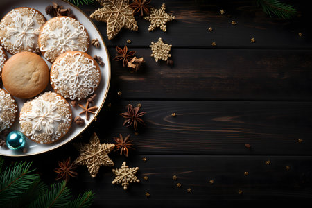 Christmas cookies on a dark wooden background. Top view with copy space.の素材